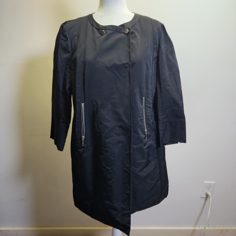 Lafayette 148 New York Lightweight Techno Nylon Coat Sz 14 Asymmetric 3/4 Sleeve